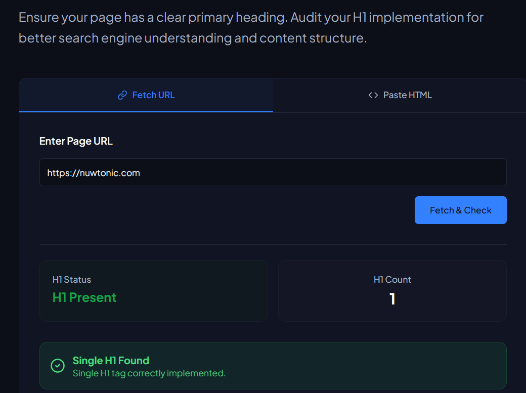 h1 tag checker form with results